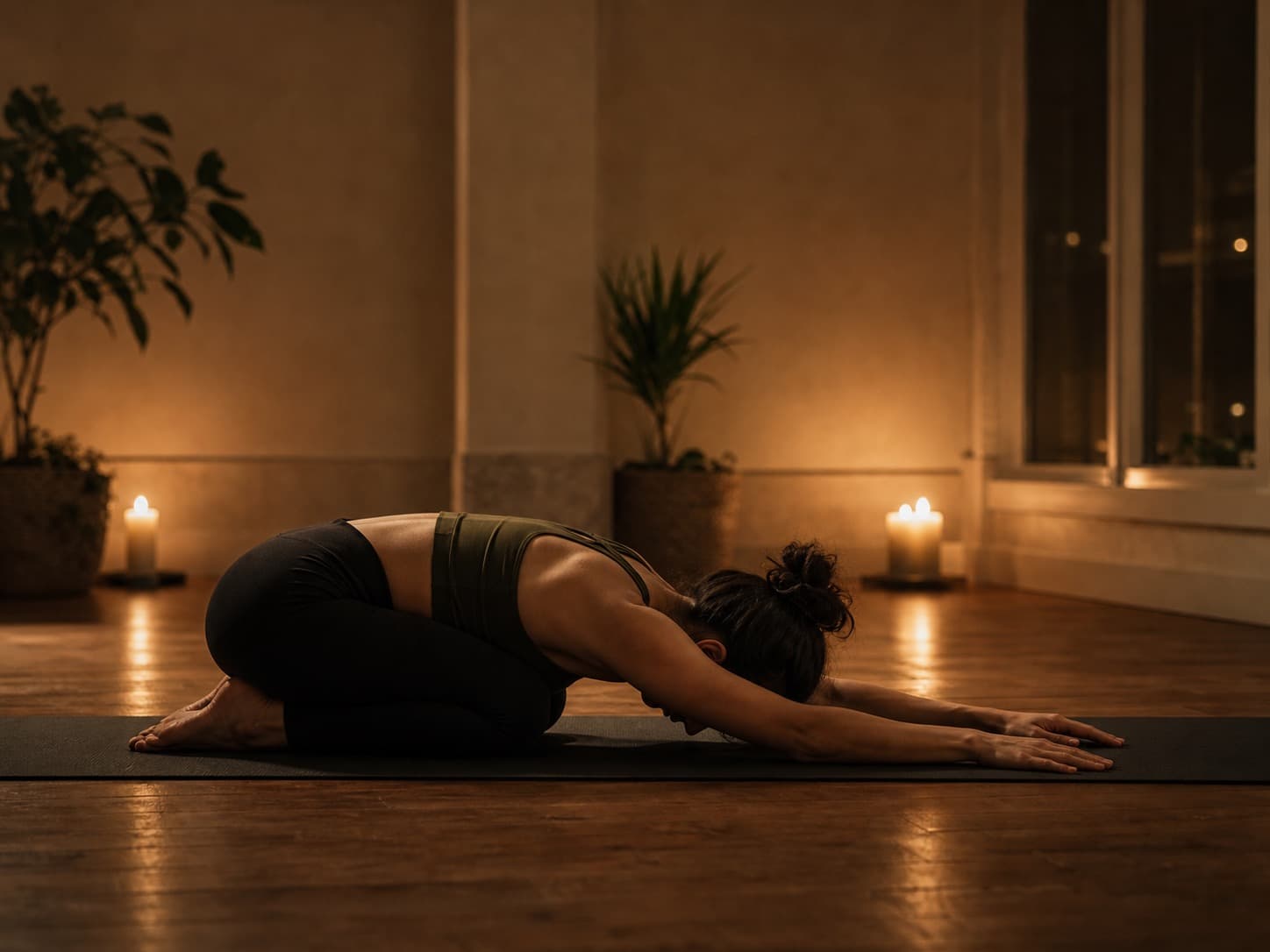 Person practicing deep yin yoga in a calm evening studio